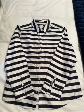 Chico's Navy and White Striped Collared Button Shirt